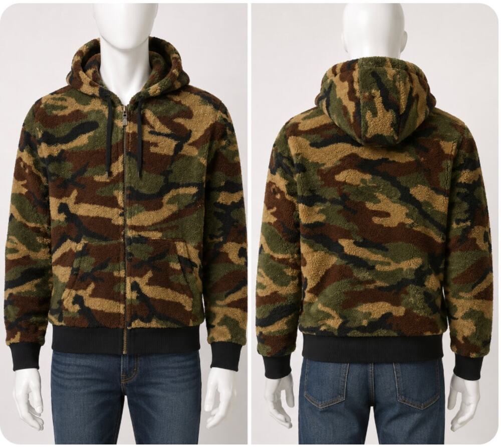 Faith Connexion Camo Sherpa Zip Hoodie Jacket Split Kangaroo Pocket Lace Side SM